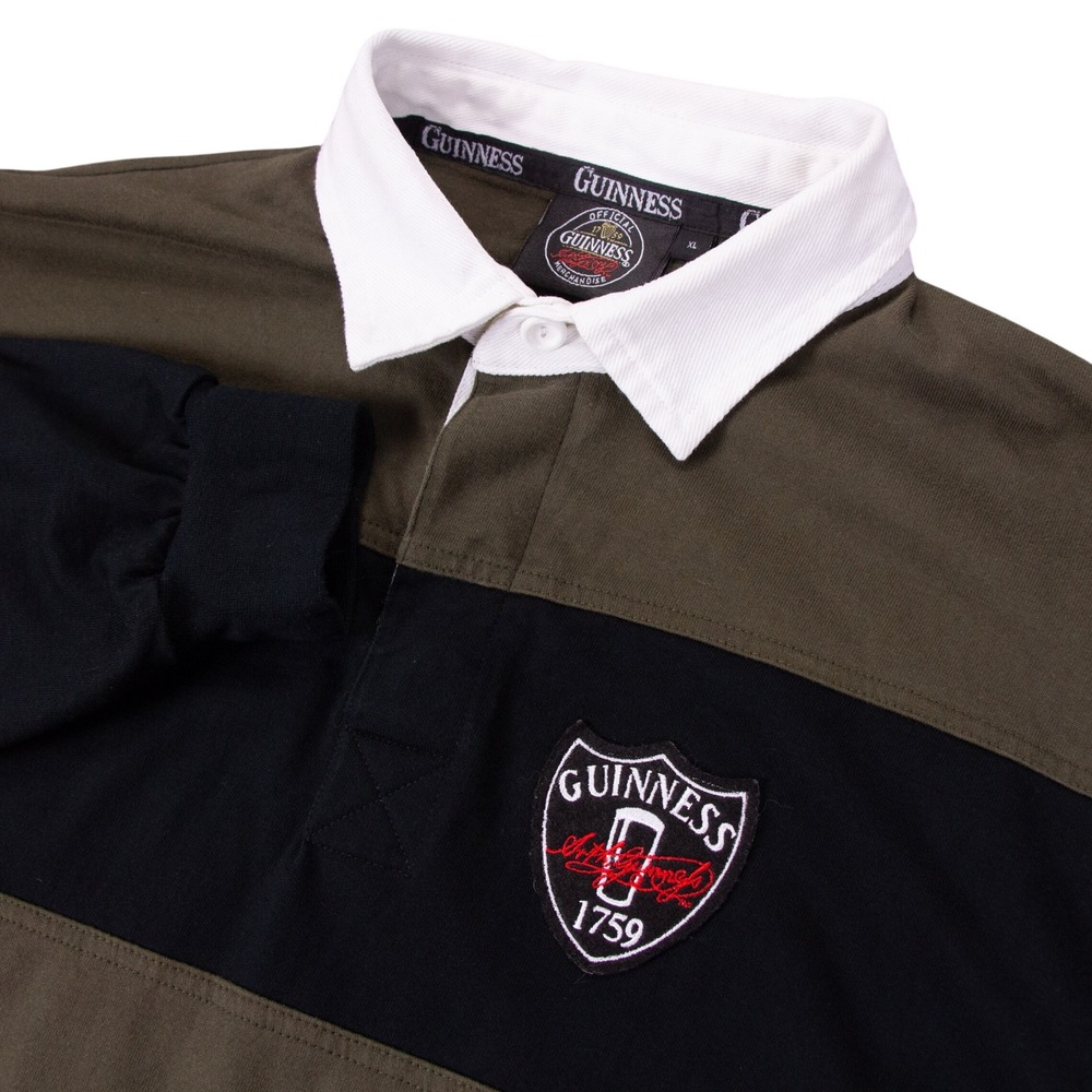 Guinness Mens XL Rugby Shirt Long Sleeve Olive Black Striped Cotton Polo
